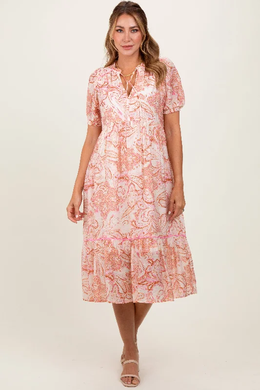 Epic Deals Pink Paisley Front Tie Ruffle Trim Midi Dress