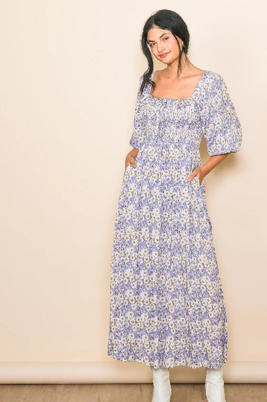 Stock Clearance Lavender Abstract Floral Smocked Maxi Dress