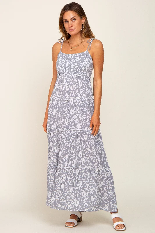 Early Bird Discount Grey Animal Print Tiered Maxi Dress