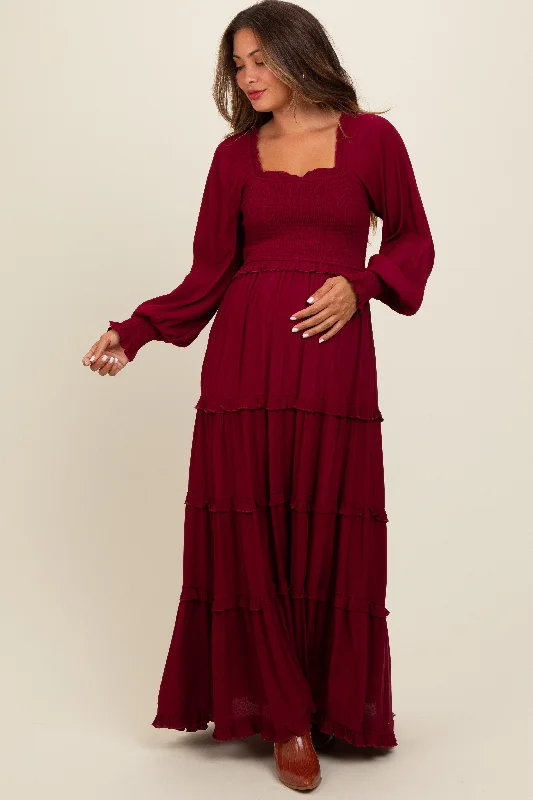 Price Reduction Burgundy Smocked Long Sleeve Ruffle Tiered Maternity Maxi Dress