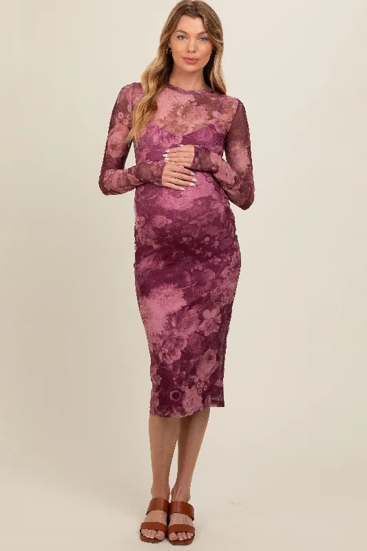 Reduced Prices Magenta Floral Mesh Midi Maternity Dress
