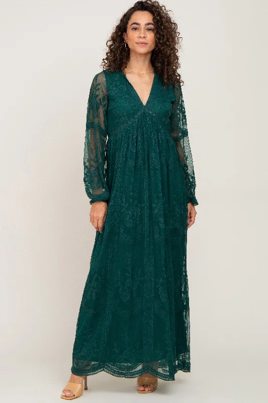 Crazy Savings PinkBlush Forest Green Lace Mesh Overlay Long Sleeve Maxi Dress