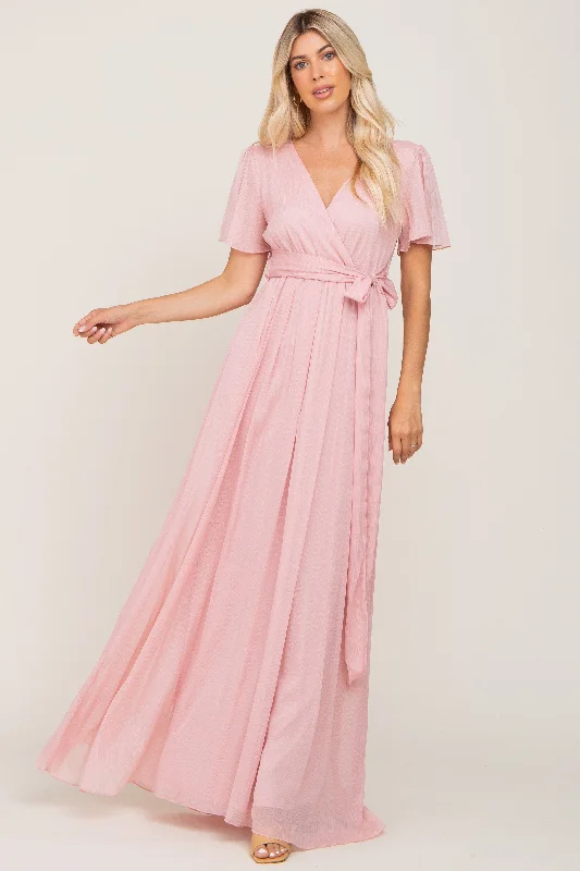 Bonus Savings Light Pink Metallic Shimmer Chiffon Maxi Dress
