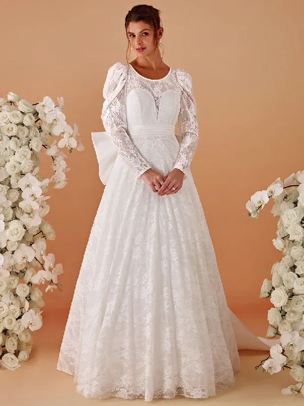 Extra Savings Exquisite Round Neck Leg-Of-Mutton Lace Wedding Dresses