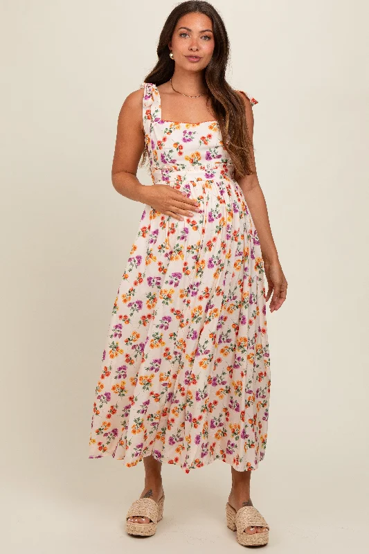 Special Offer Cream Floral Open Back Maternity Midi Dress