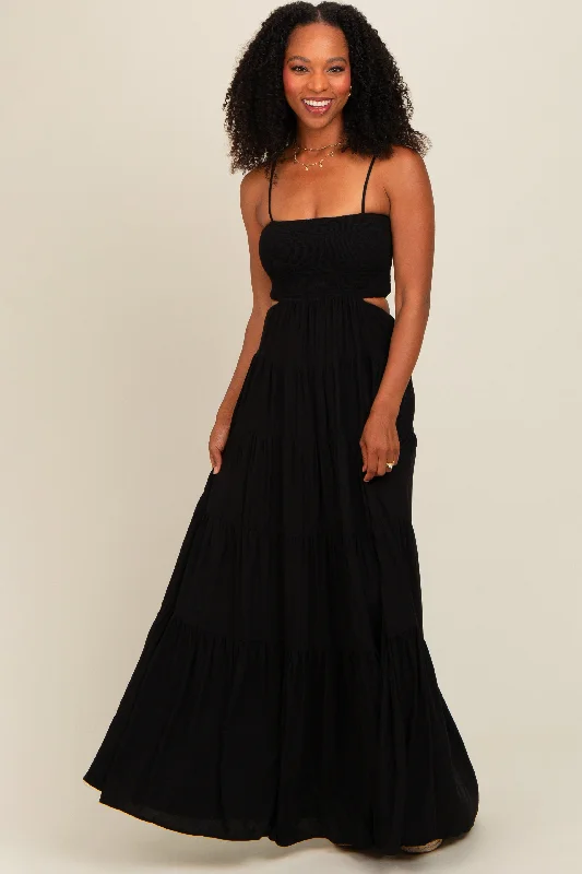 Flash Deals Black Smocked Cutout Maxi Dress