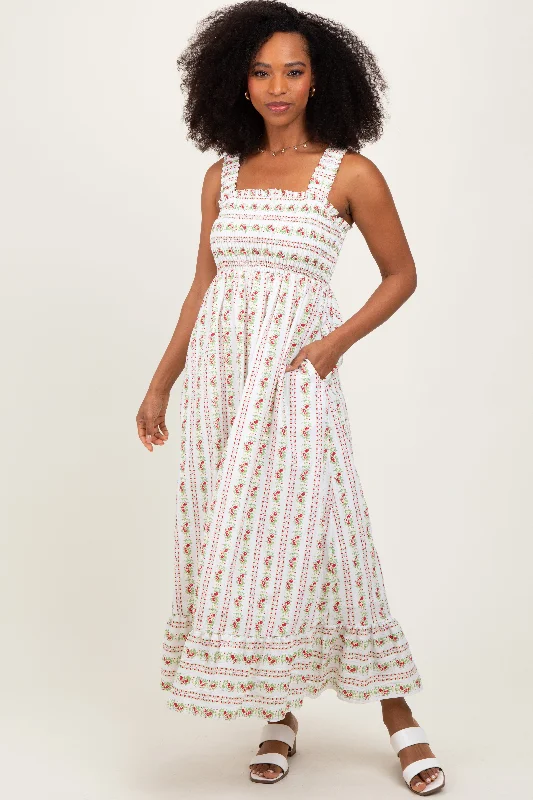 Steals and Deals Red Floral Smocked Sleeveless Maxi Dress