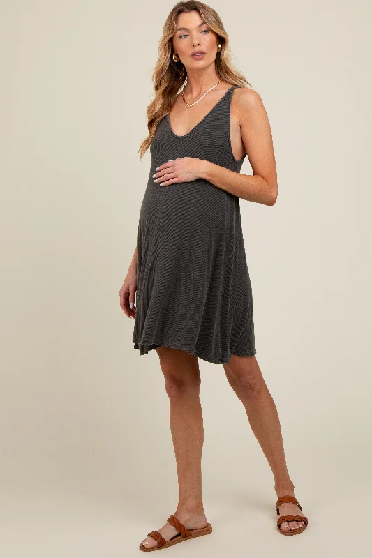Huge Savings Charcoal Ribbed Sleeveless Front Seam Maternity Dress