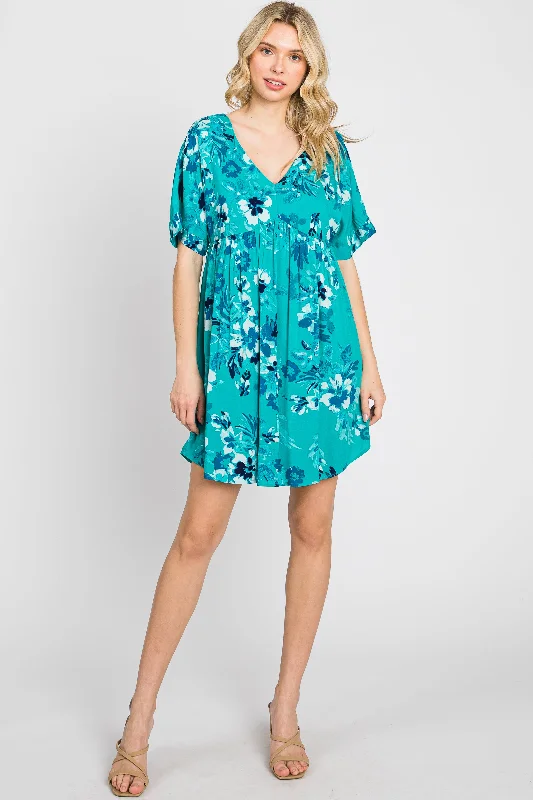 Special Discount Teal Tropical Floral V-Neck Short Sleeve Dress