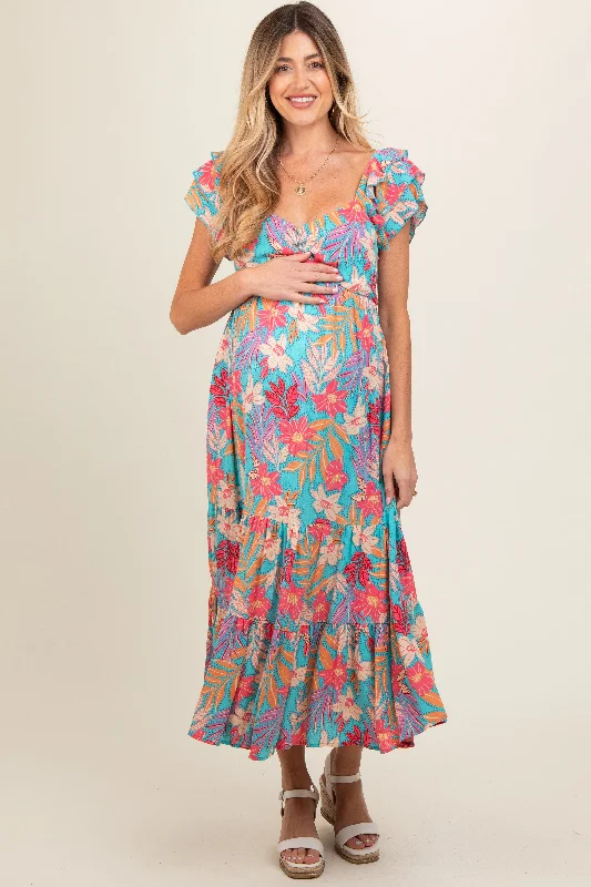 Deep Discounts Turquoise Floral Ruffle Sleeve Maternity Midi Dress