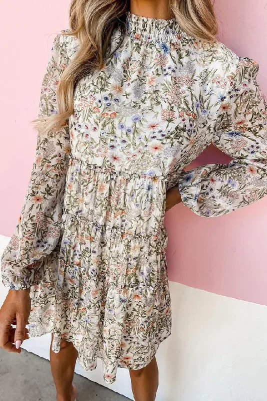 Exclusive Savings Green Floral Print Tiered Frilled Shirred Mock Neck Dress