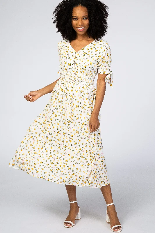 Year-End Sale Ivory Floral Tie Sleeve Midi Dress
