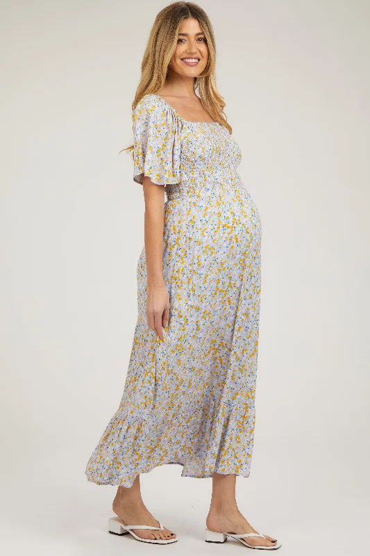 Now or Never Light Blue Floral Smocked Maternity Maxi Dress