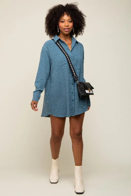 Deal Frenzy Teal Pinstriped Button-Down Linen Dress