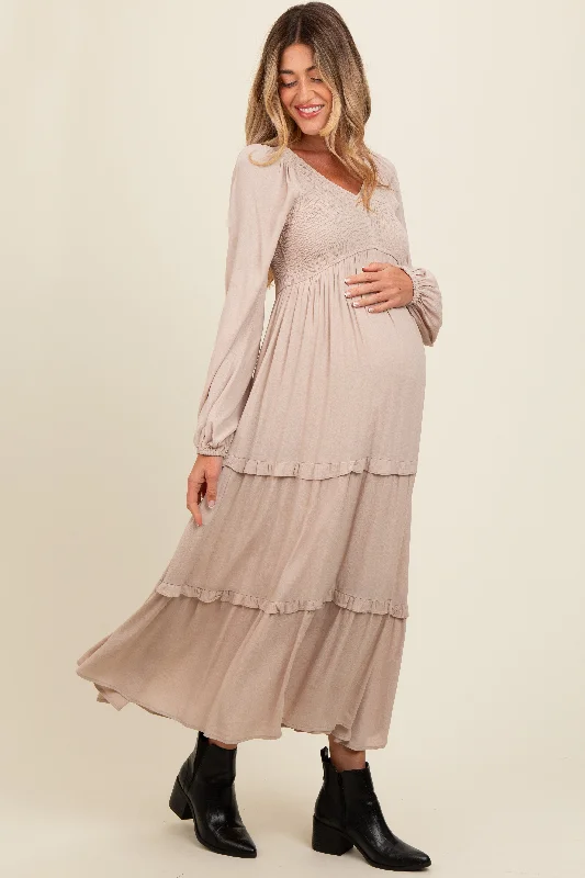 Great Deals Beige Smocked V-Neck Ruffle Tiered Maternity Maxi Dress