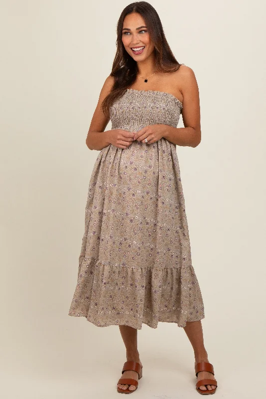 Major Savings Light Olive Floral Print Smocked Bodice Tube Top Maternity Midi Dress
