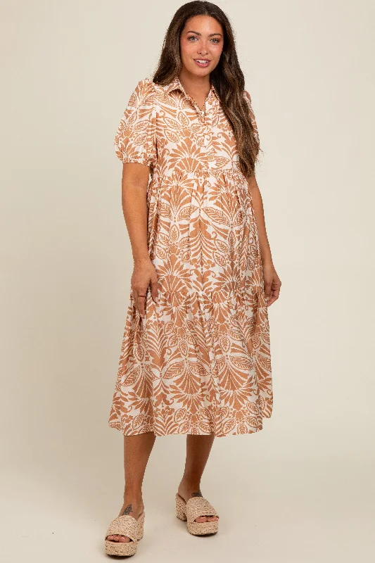 Markdowns Camel Damask Print Button Down Maternity Midi Dress