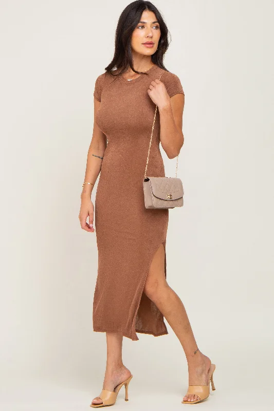 Clearance Event Camel Short Sleeve Side Slit Maxi Dress