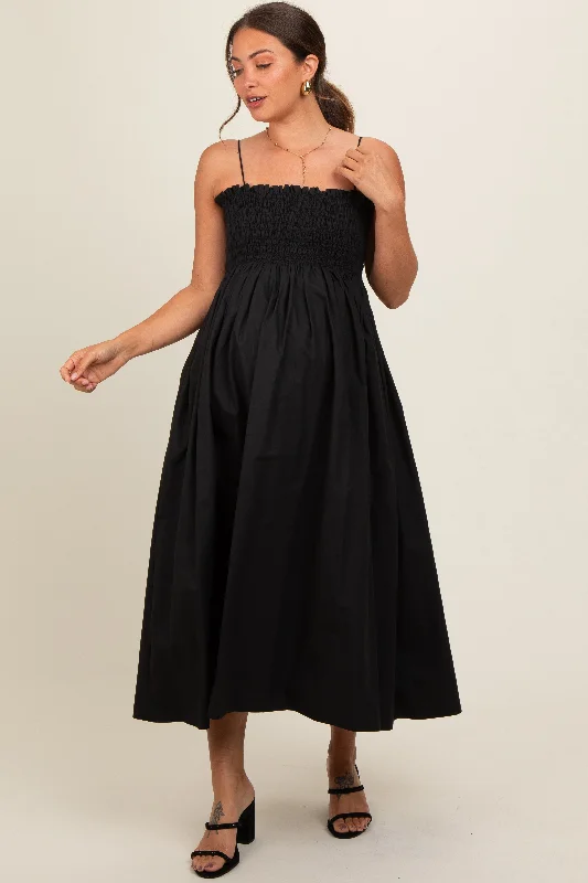 Final Clearance Black Smocked Pocketed Maternity Midi Dress