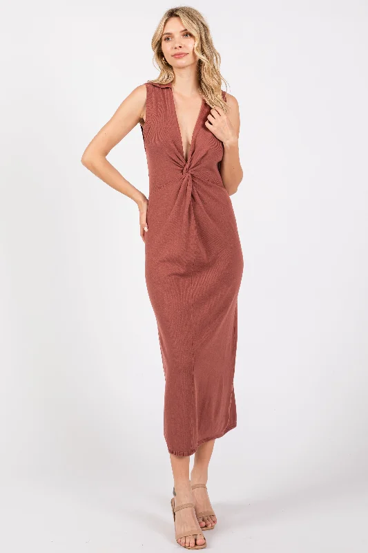 Steals and Deals Brown Collared Sleeveless Twist Knit Midi Dress