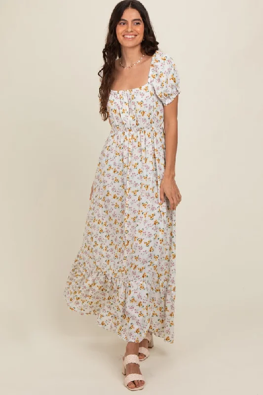 Mega Sale Ivory Floral Short Sleeve Maxi Dress
