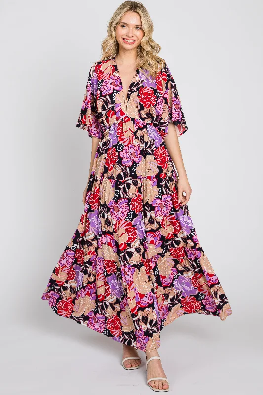 Holiday Sale Navy Blue Floral Deep V-Neck Tiered Maxi Dress