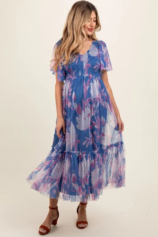 Stock Up and Save Blue Leaf Print Mesh Smocked Maternity Midi Dress