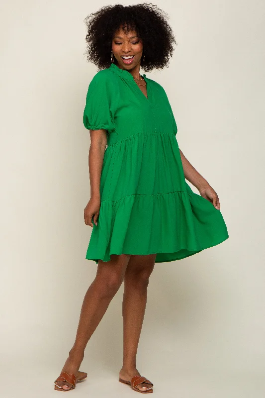 Price Buster Green Satin Ruffle V-Neck Short Sleeve Dress