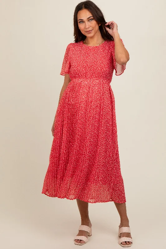 Year-End Clearance Red Ditsy Floral Pleated Maternity Midi Dress