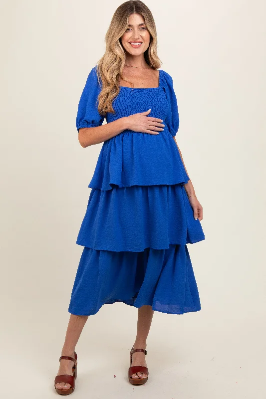New Markdowns Royal Blue Smocked Body Ruffled Tiered Maternity Dress