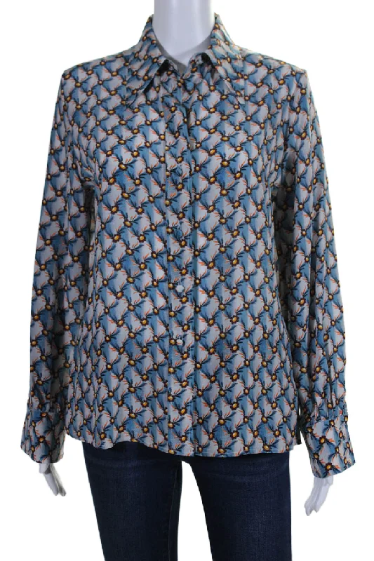 Don't Wait Etro Womens Silk Floral Print Buttoned Collared Long Sleeve Top Blue