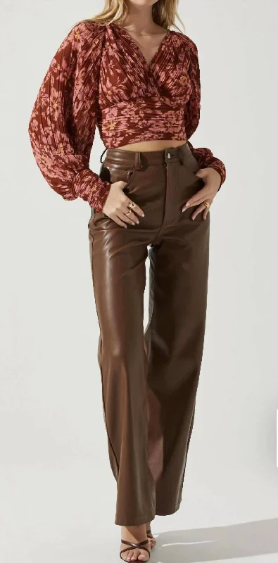 Act Now Pernille Pleated Floral Puff Sleeve Top In Rust