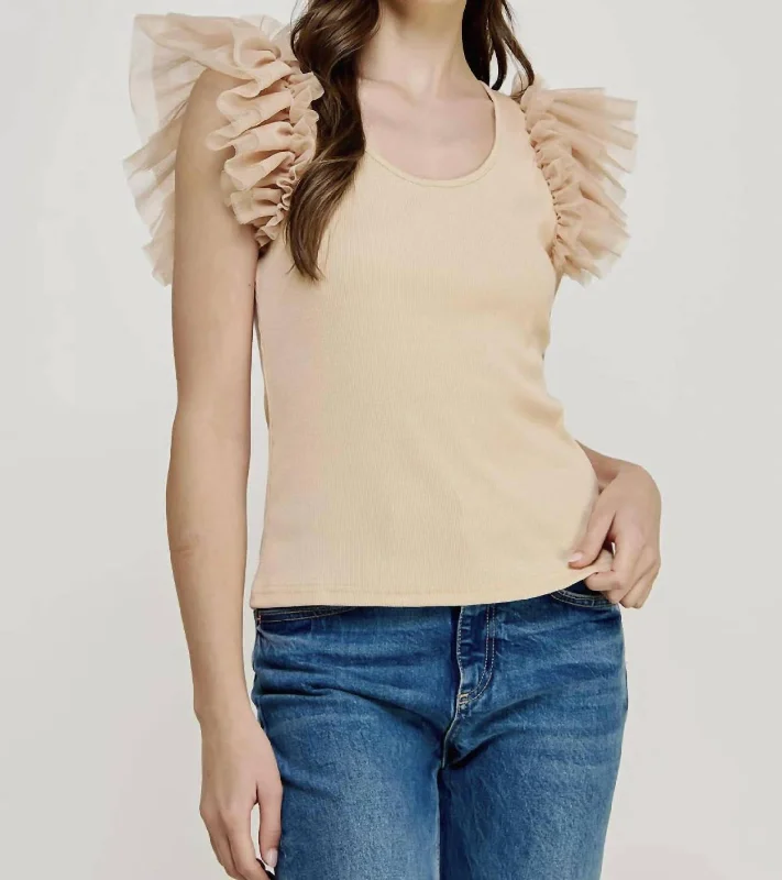 The Best Prices Tulle Ruffle Frills Knit Top In Almond